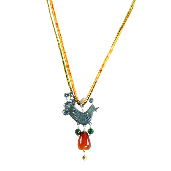 Bird with Flowers Pendant: Amber & Silver