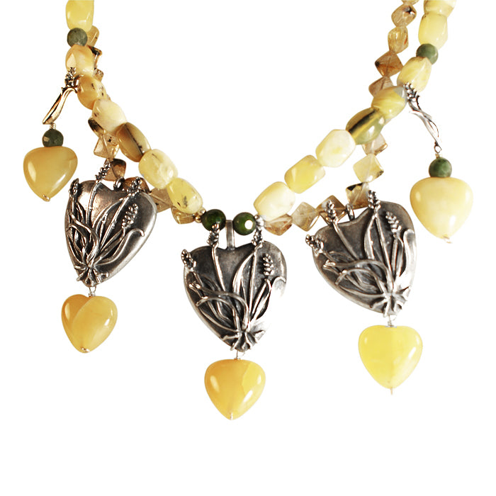 Nature's Wheat Hearts Necklace: Silver, Jasper, Citrine and Agate