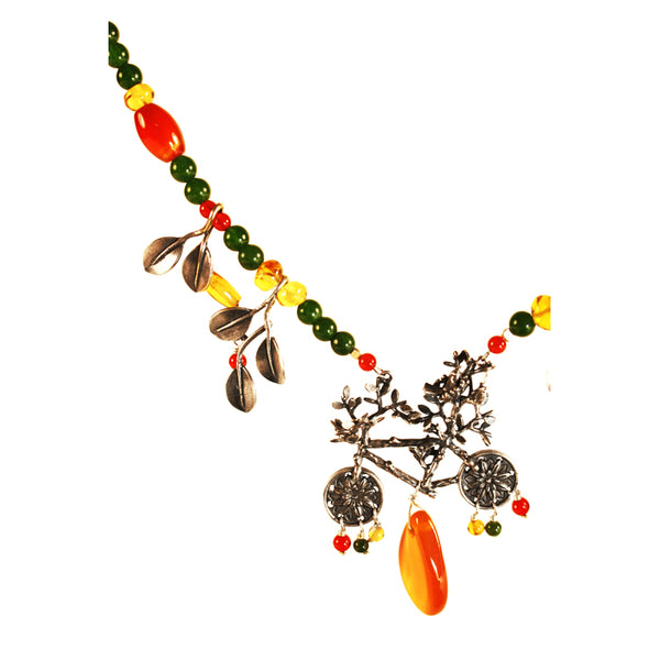 Bicycle & Leafs Necklace: Silver, Amber & Jade