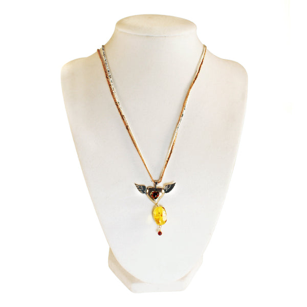 Winged Heart Pendant: Red Amber & Silver