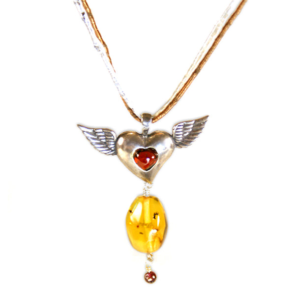 Winged Heart Pendant: Red Amber & Silver