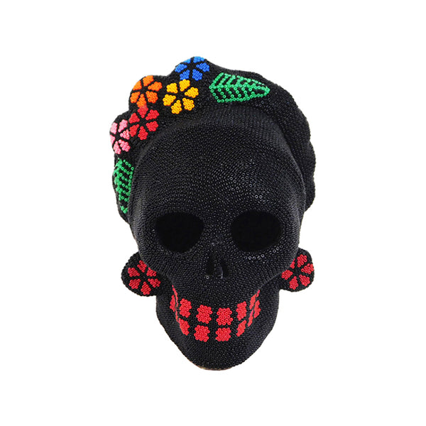 Huichol Frida Skull with Color Flowers