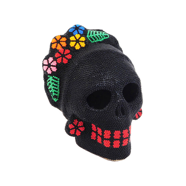 Huichol Frida Skull with Color Flowers
