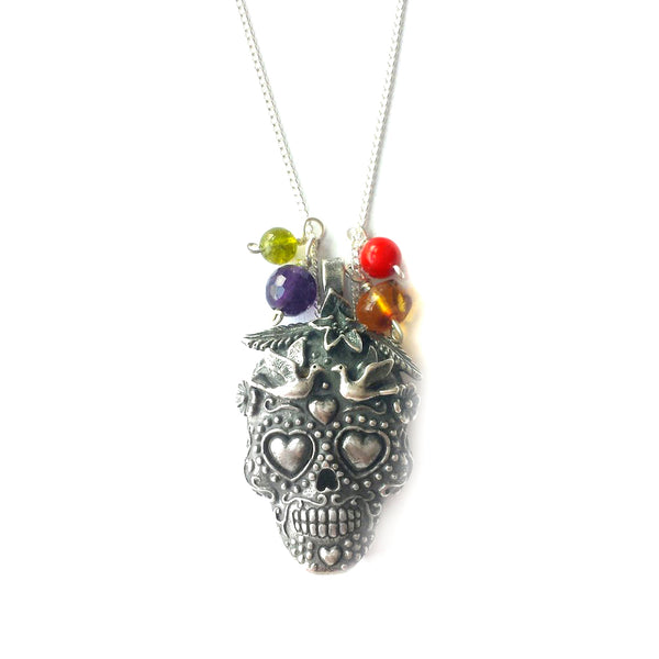 Silver Skull with Doves Pendant: Silver